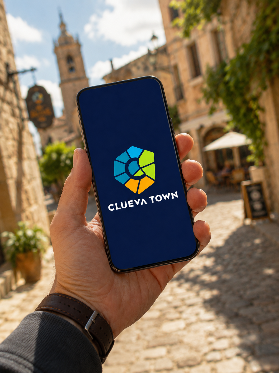 Hand holding a phone with the Clueva Town splash screen